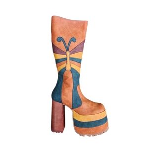 Dolls Kill Current Mood Butterfly Platform Heel Knee High Boots